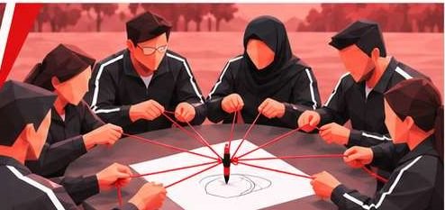 Eight people steering one pen with strings