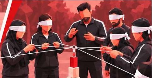 Blindfolded team stacking blocks with strings