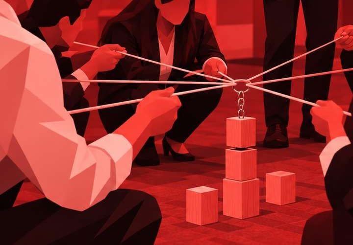 A team holding strings to build a tower of blocks together